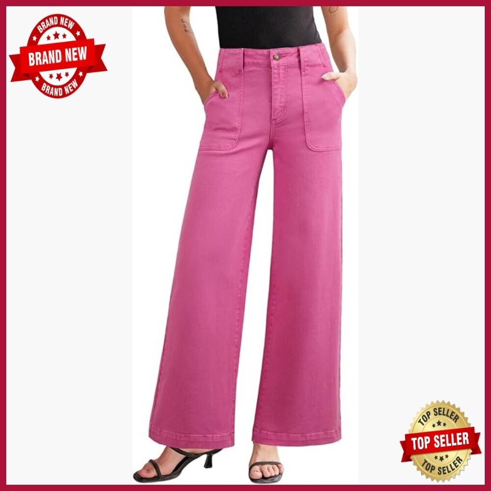 High Waisted Wide Leg Stretch Jeans Straight Cut Denim Pants with Pockets